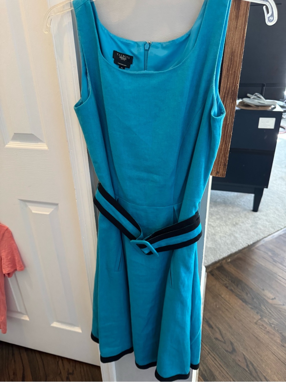 Talbots Teal Sleeveless Fit-and-Flare Dress with Black Trim and Belt